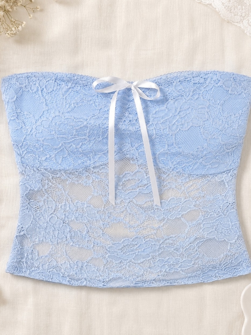 Princess Polly Light Blue Lace Strapless Tube Top with Satin Bow, NWT - Picture 4 of 9